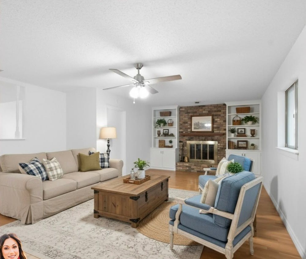 Living room with brick fireplace and built-in shelves