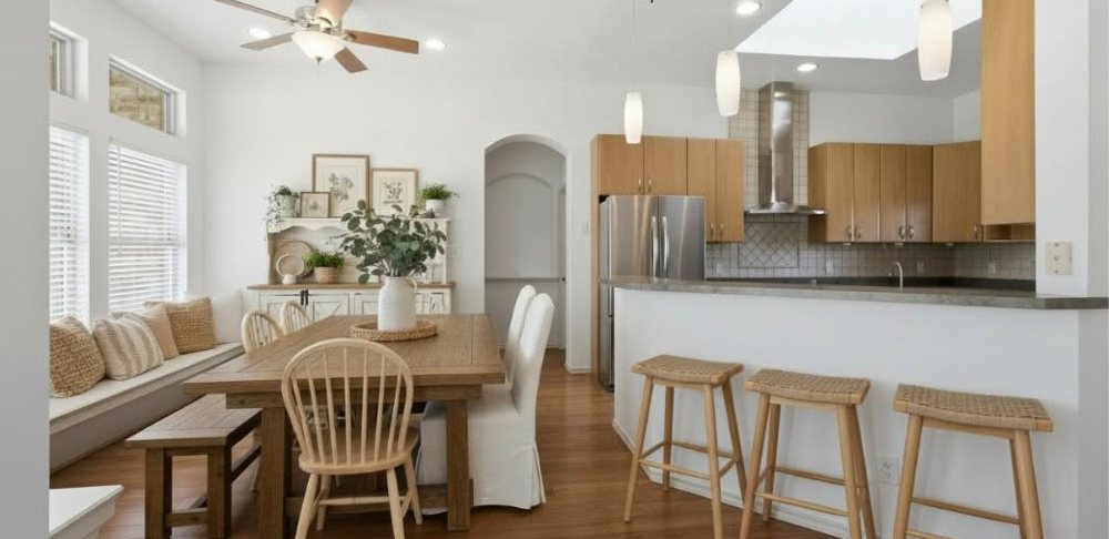 Open kitchen with dining area and bar seating