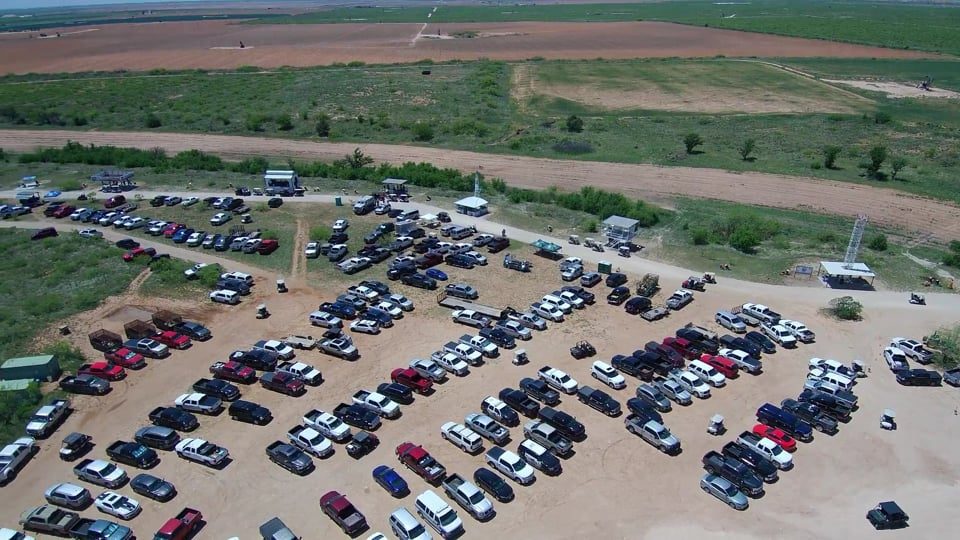 Aerial view of a busy event parking lot