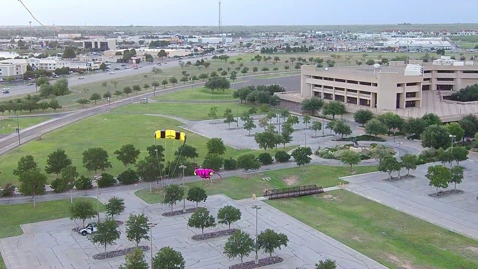 Aerial view of a park and buildings in Midland